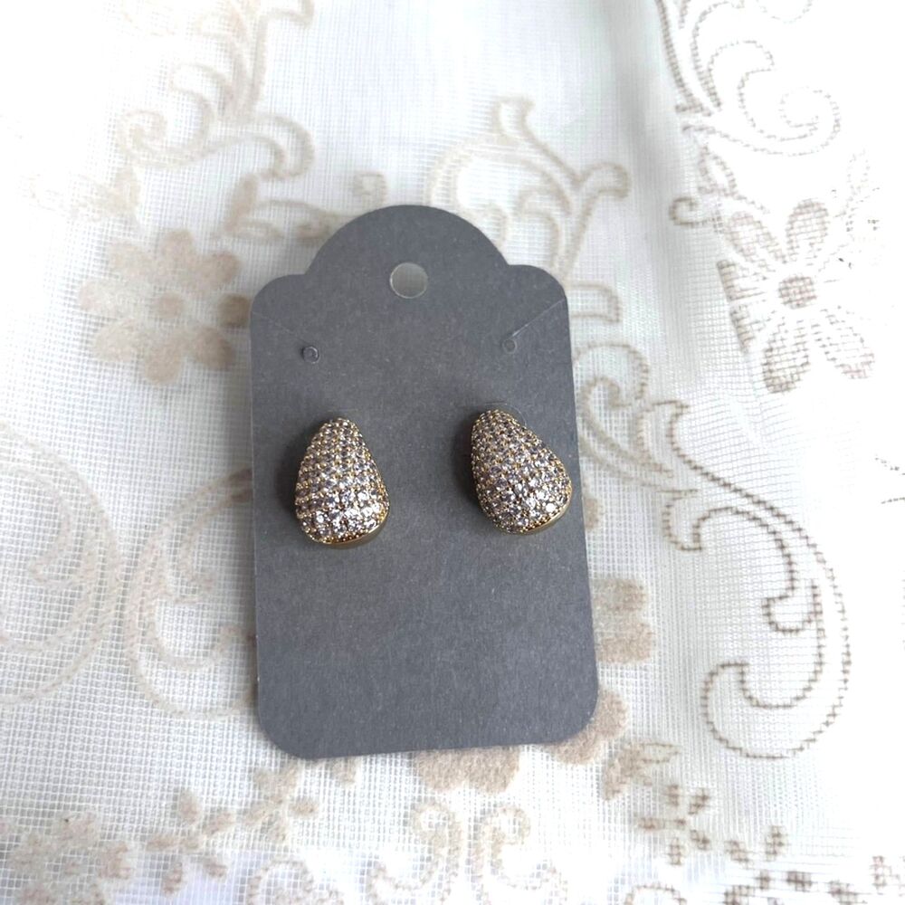 Gold Toned Teardrop Faux Diamond Pierced Earrings Elegant Chic Dressy